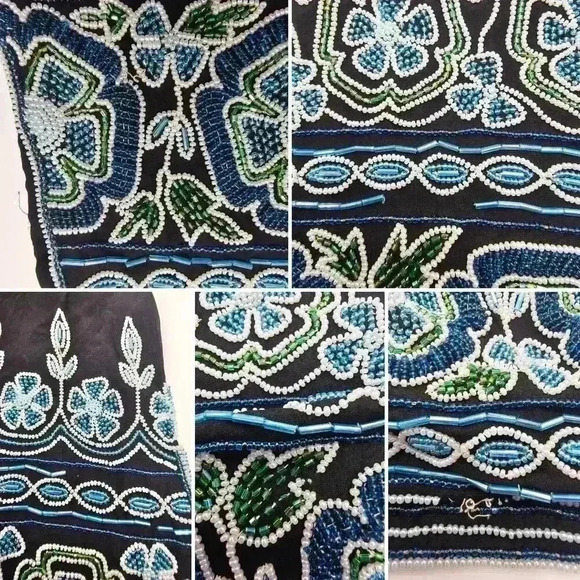 Vintage Women's Black Silk Blue Floral Beaded Sleeveless Shift Dress - Picture 15 of 16